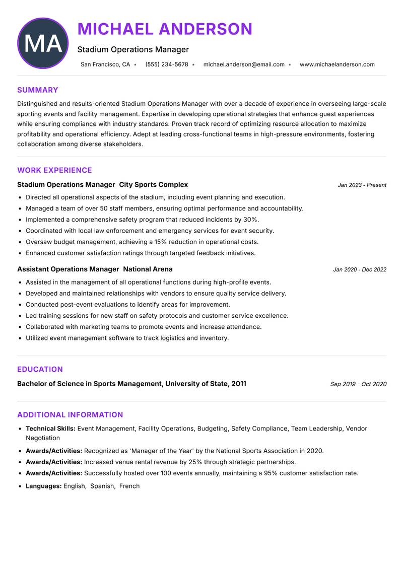 Stadium Operations Manager resume example
