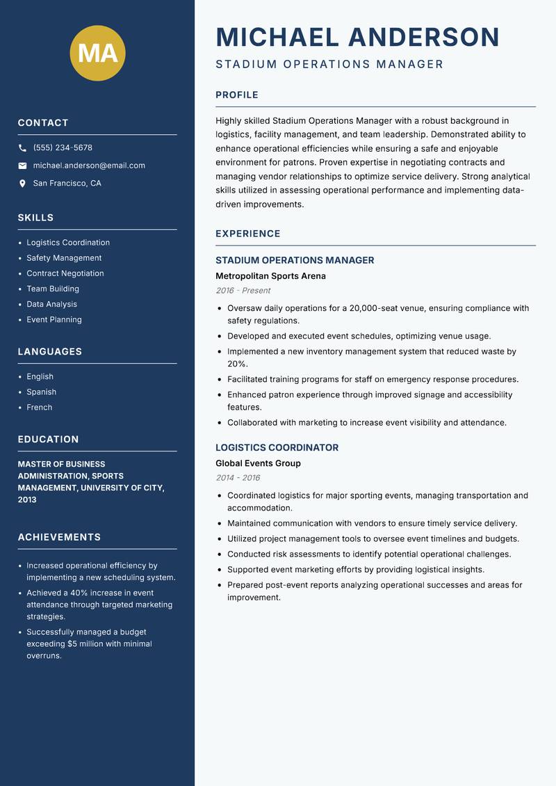 Stadium Operations Manager resume sample — Stadium Operations Manager focus