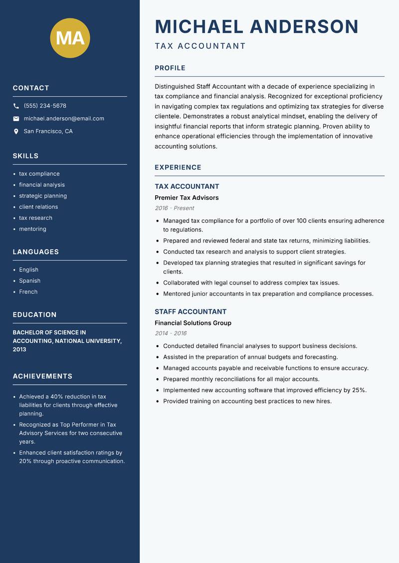 Staff Accountant resume sample — Tax Accountant focus
