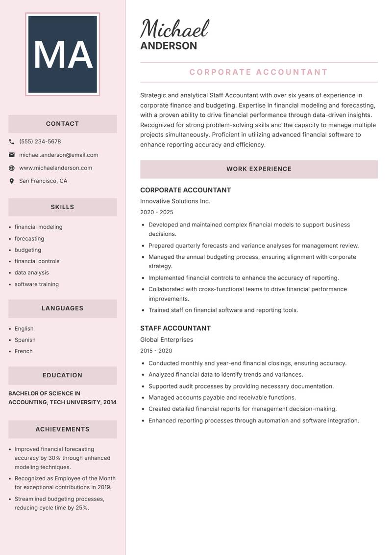 Staff Accountant resume sample — Corporate Accountant focus