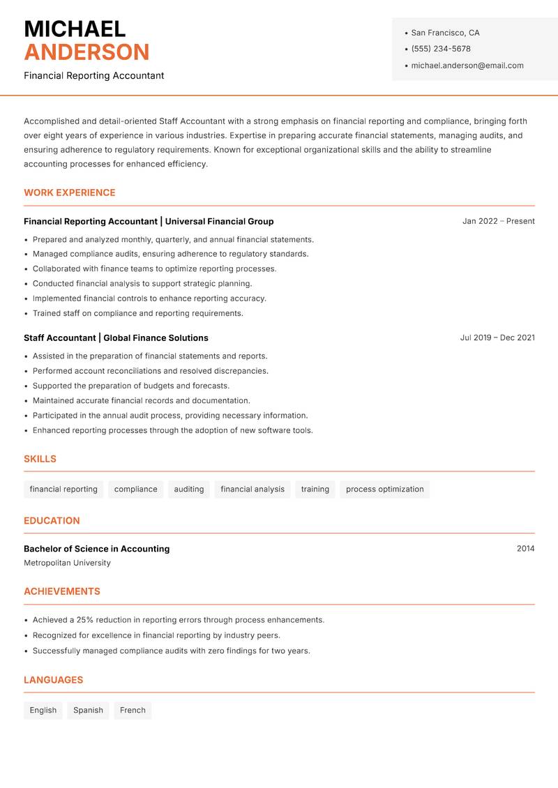 Staff Accountant resume sample — Financial Reporting Accountant focus