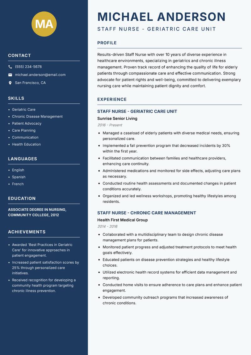 Staff Nurse resume sample — Staff Nurse - Geriatric Care Unit focus