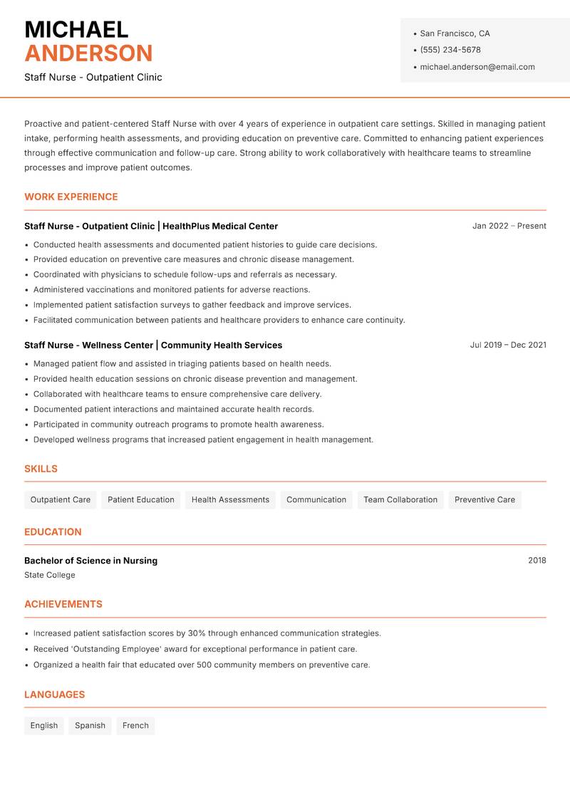 Staff Nurse resume sample — Staff Nurse - Outpatient Clinic focus