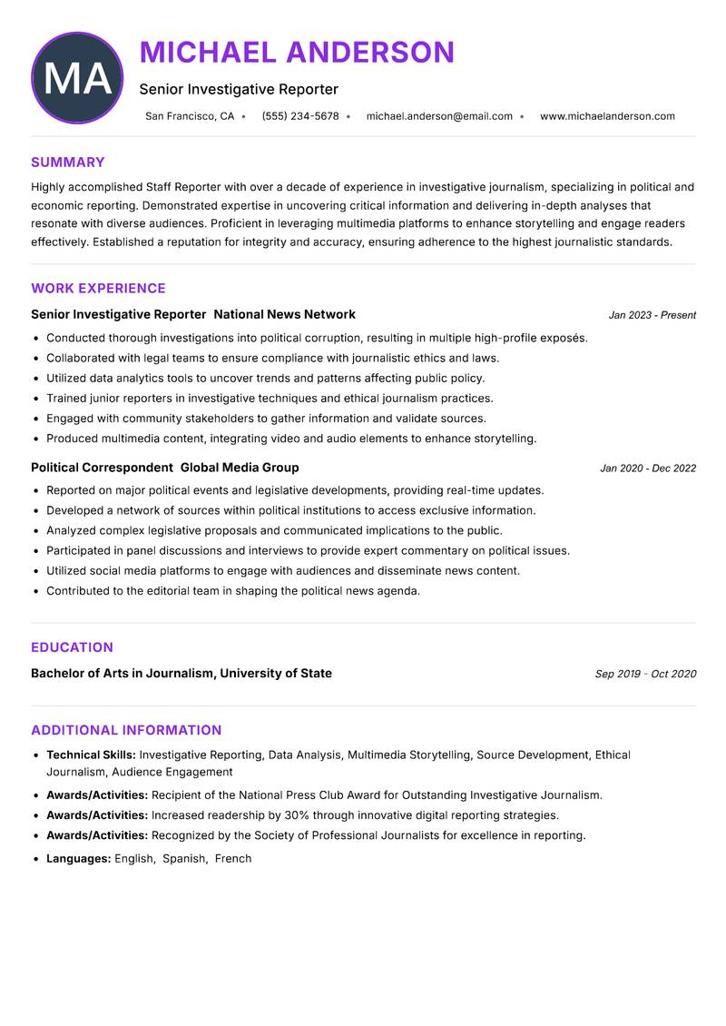 Staff Reporter resume example