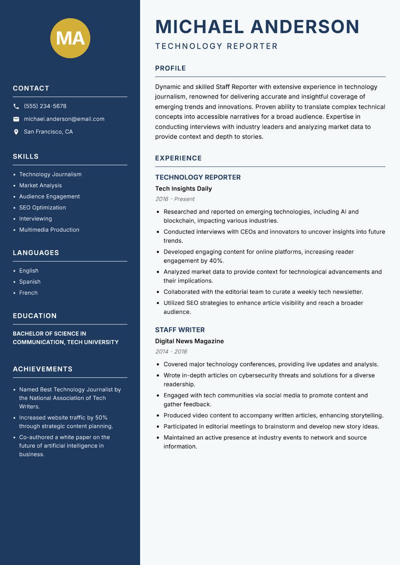 Staff Reporter resume sample — Technology Reporter focus