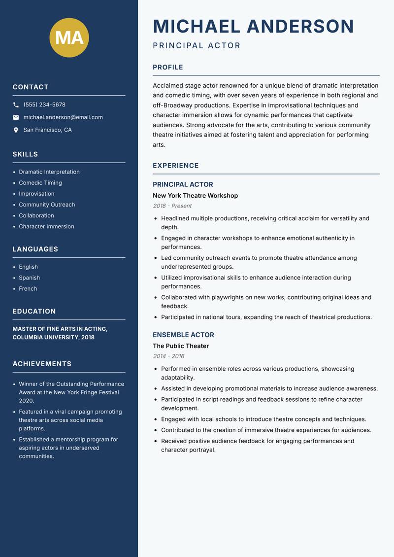 Stage Actor resume sample — Principal Actor focus
