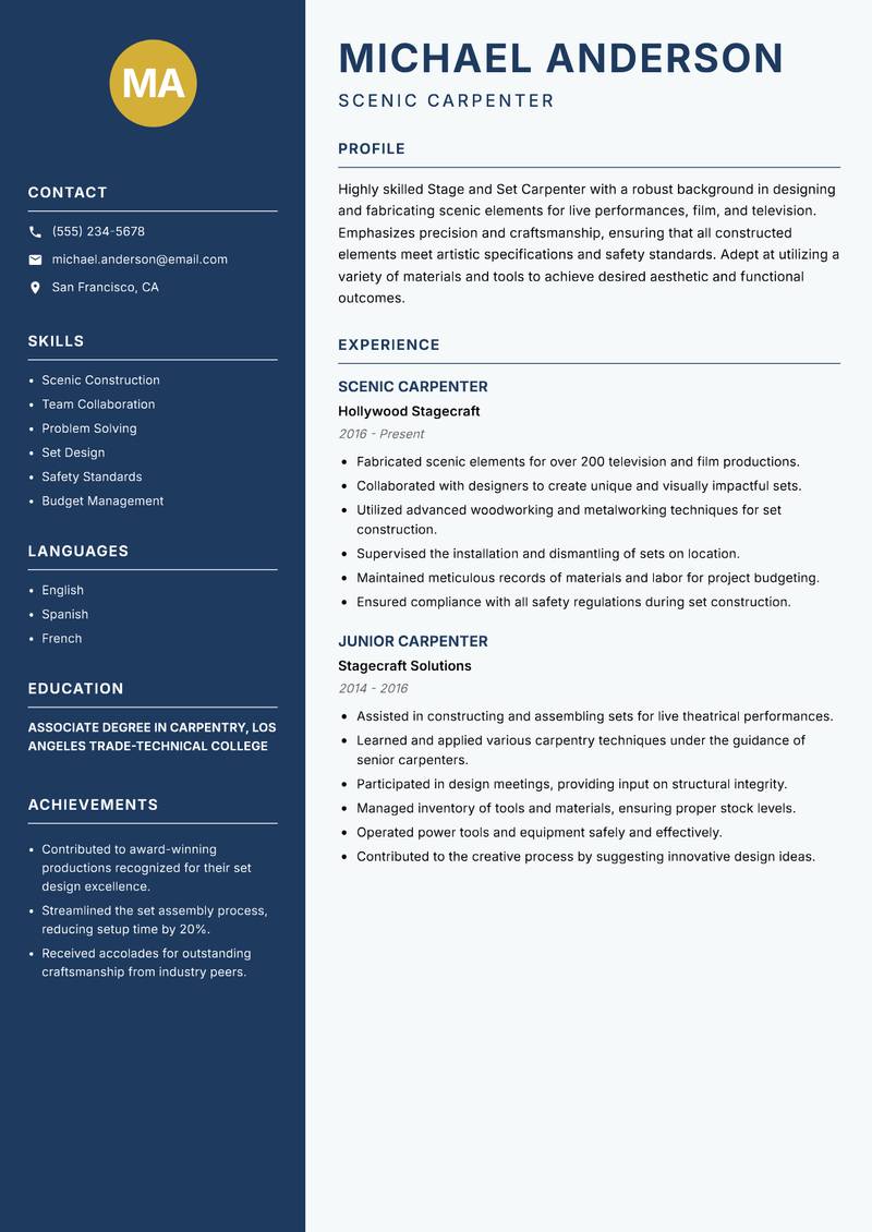 Stage and Set Carpenter resume sample — Scenic Carpenter focus