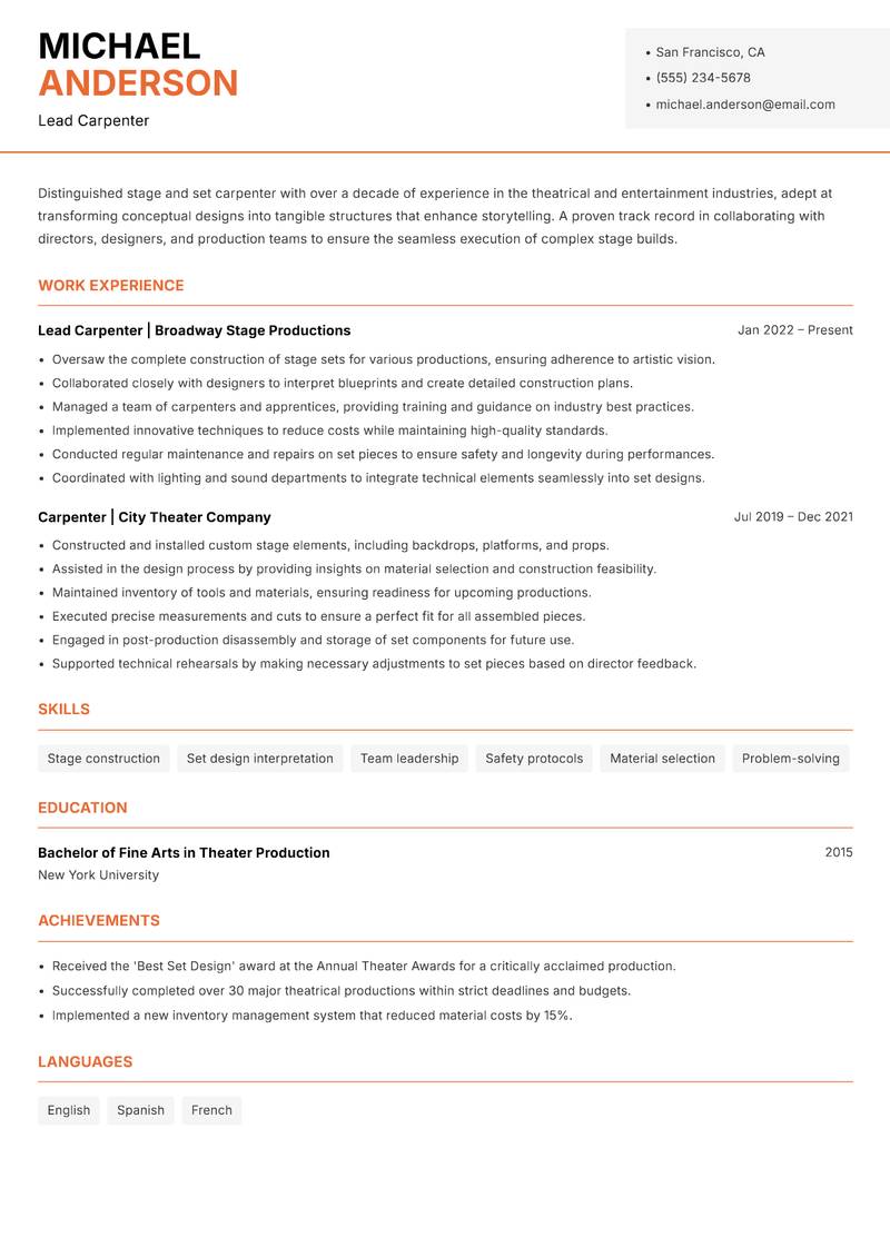 Stage and Set Carpenter resume sample — Lead Carpenter focus