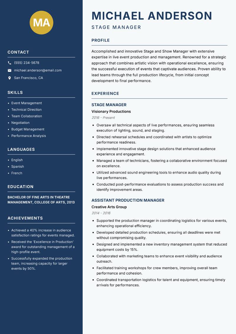 Stage and Show Manager resume sample — Stage Manager focus