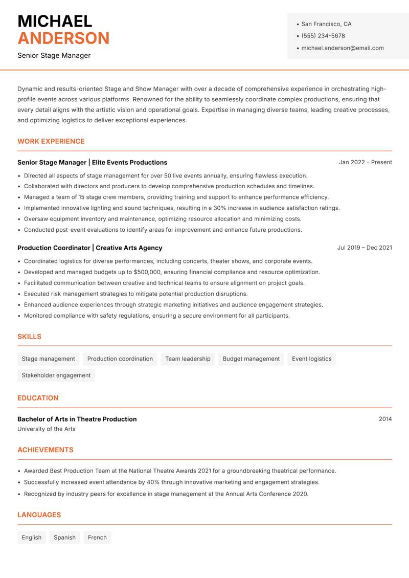 Stage and Show Manager resume sample — Senior Stage Manager focus