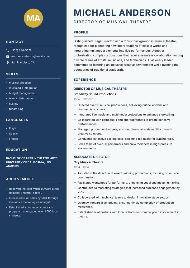 Stage Director resume sample — Director of Musical Theatre focus