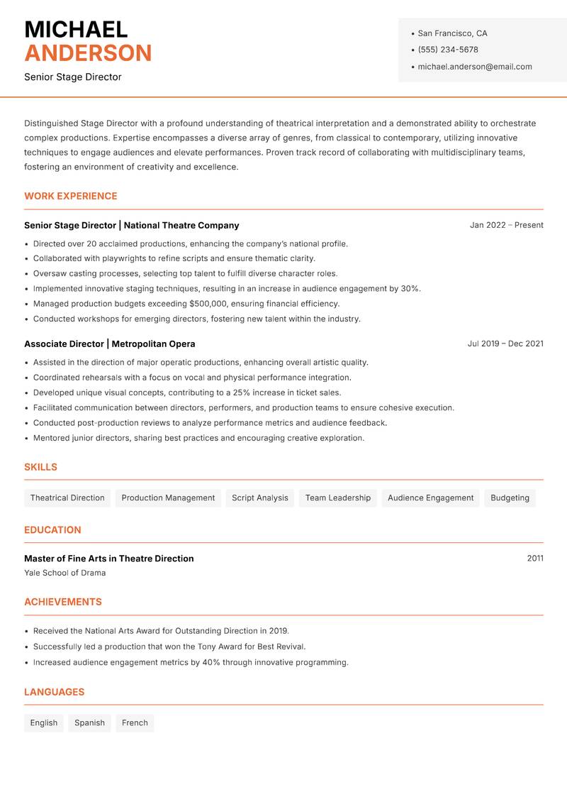Stage Director resume sample — Senior Stage Director focus