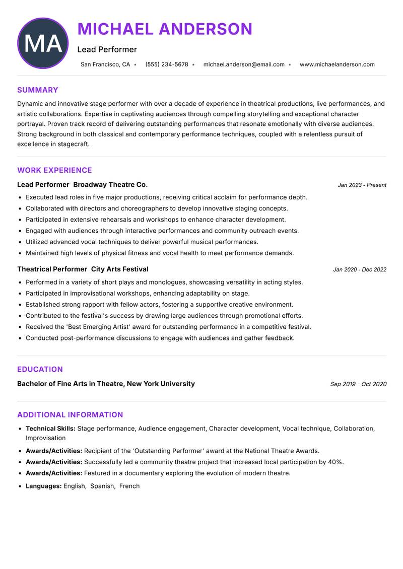 Stage Performer resume example