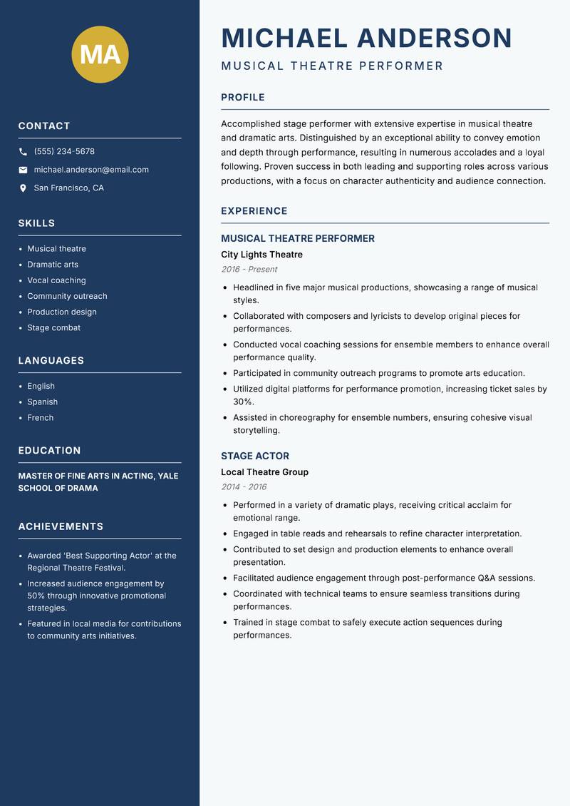 Stage Performer resume sample — Musical Theatre Performer focus