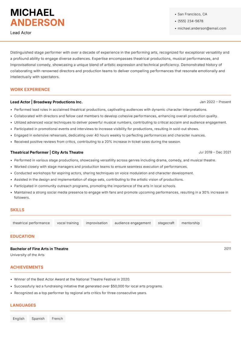 Stage Performer resume sample — Lead Actor focus