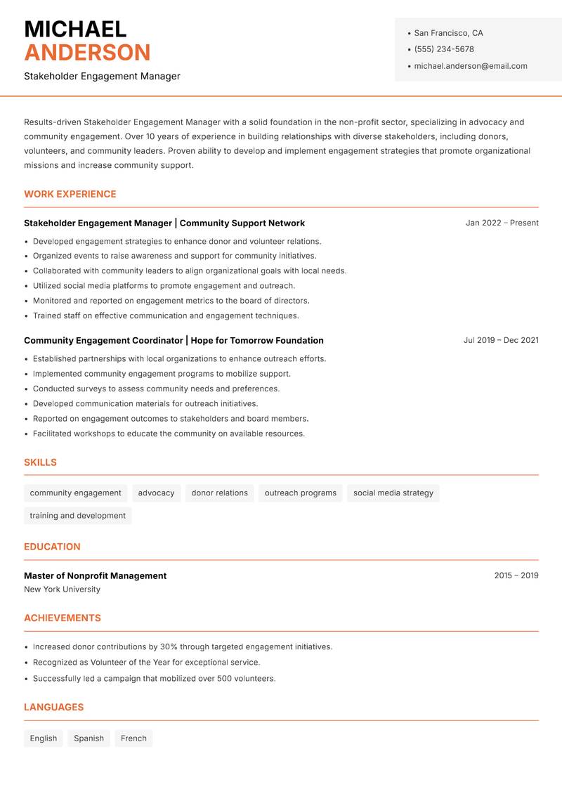 Stakeholder Engagement Manager resume sample — Stakeholder Engagement Manager focus