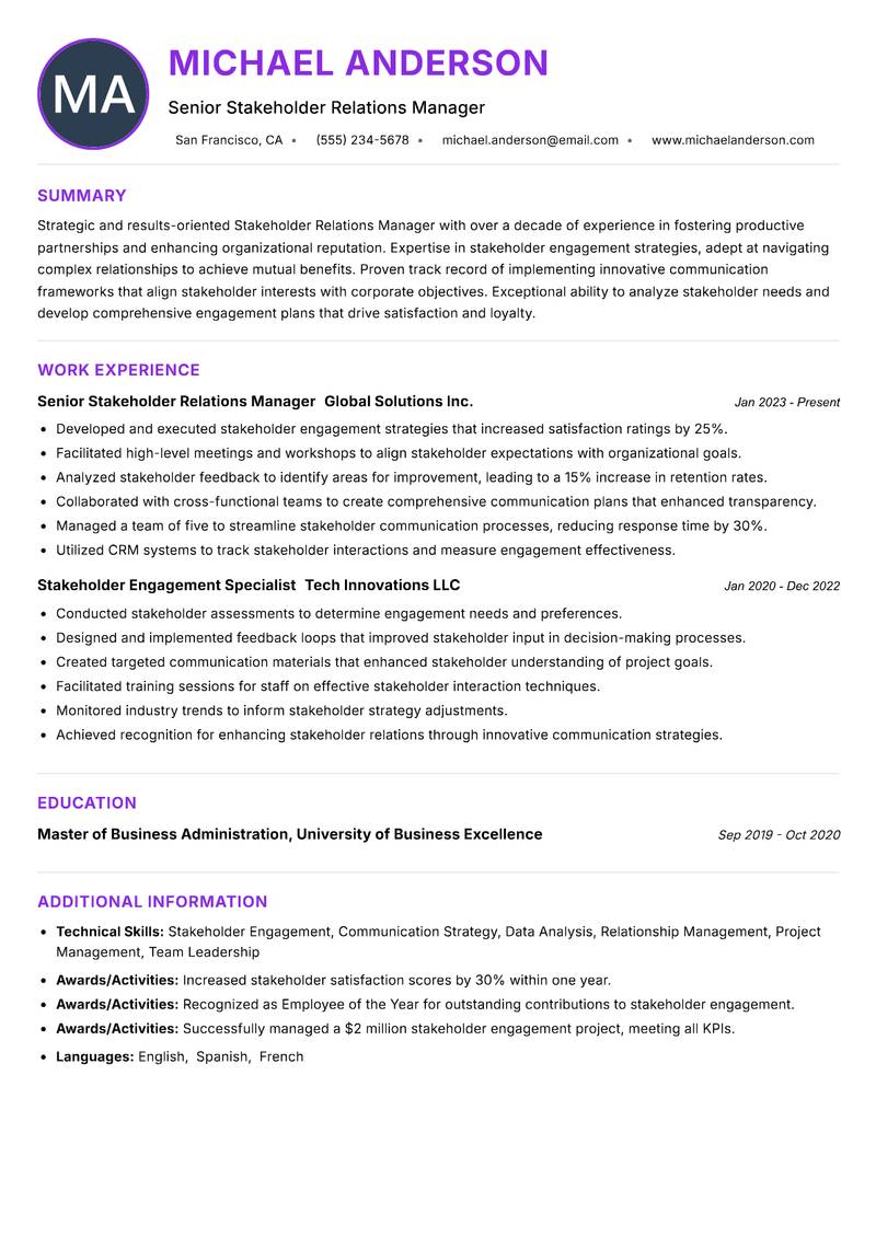 Stakeholder Relations Manager resume example