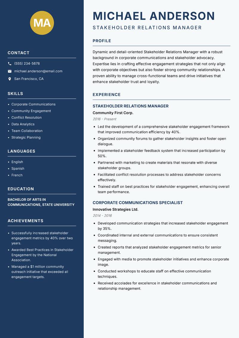 Stakeholder Relations Manager resume sample — Stakeholder Relations Manager focus