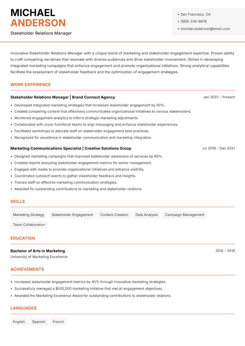 Stakeholder Relations Manager resume sample — Stakeholder Relations Manager focus
