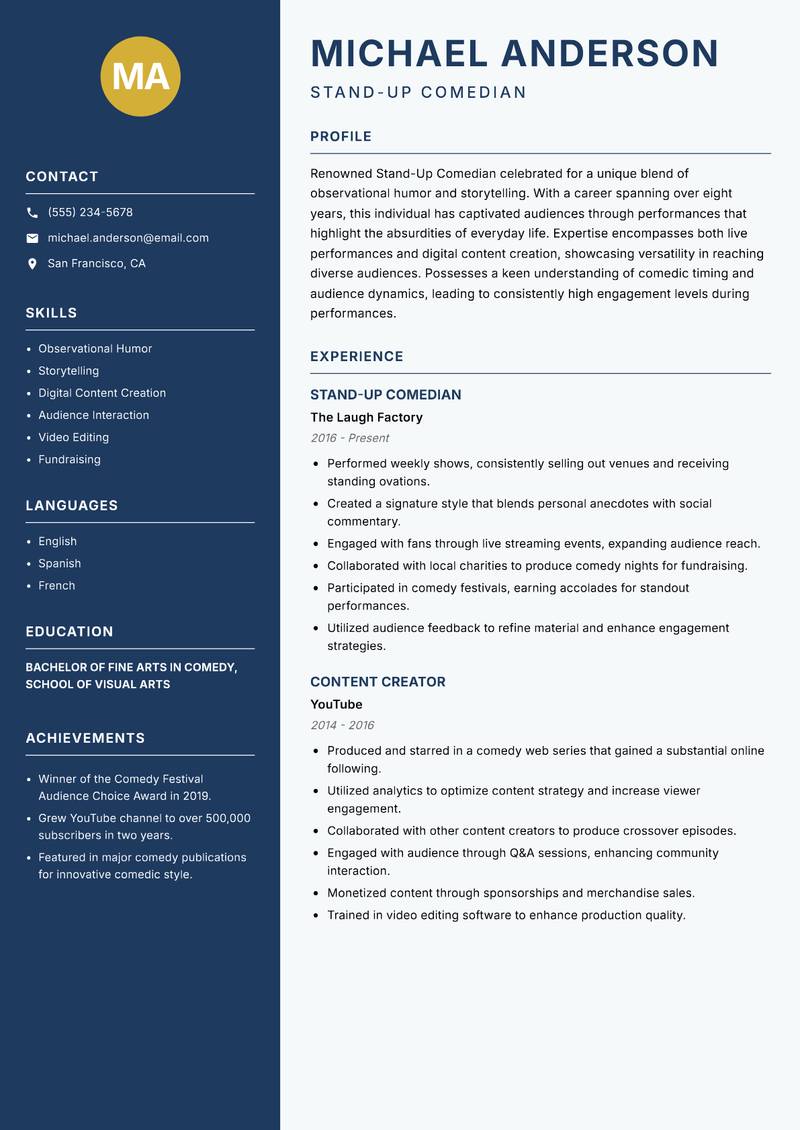 Stand Up Comedian resume sample — Stand-Up Comedian focus