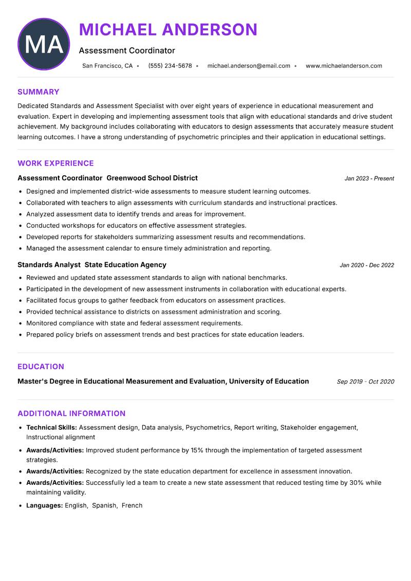Standards and Assessment Specialist resume example