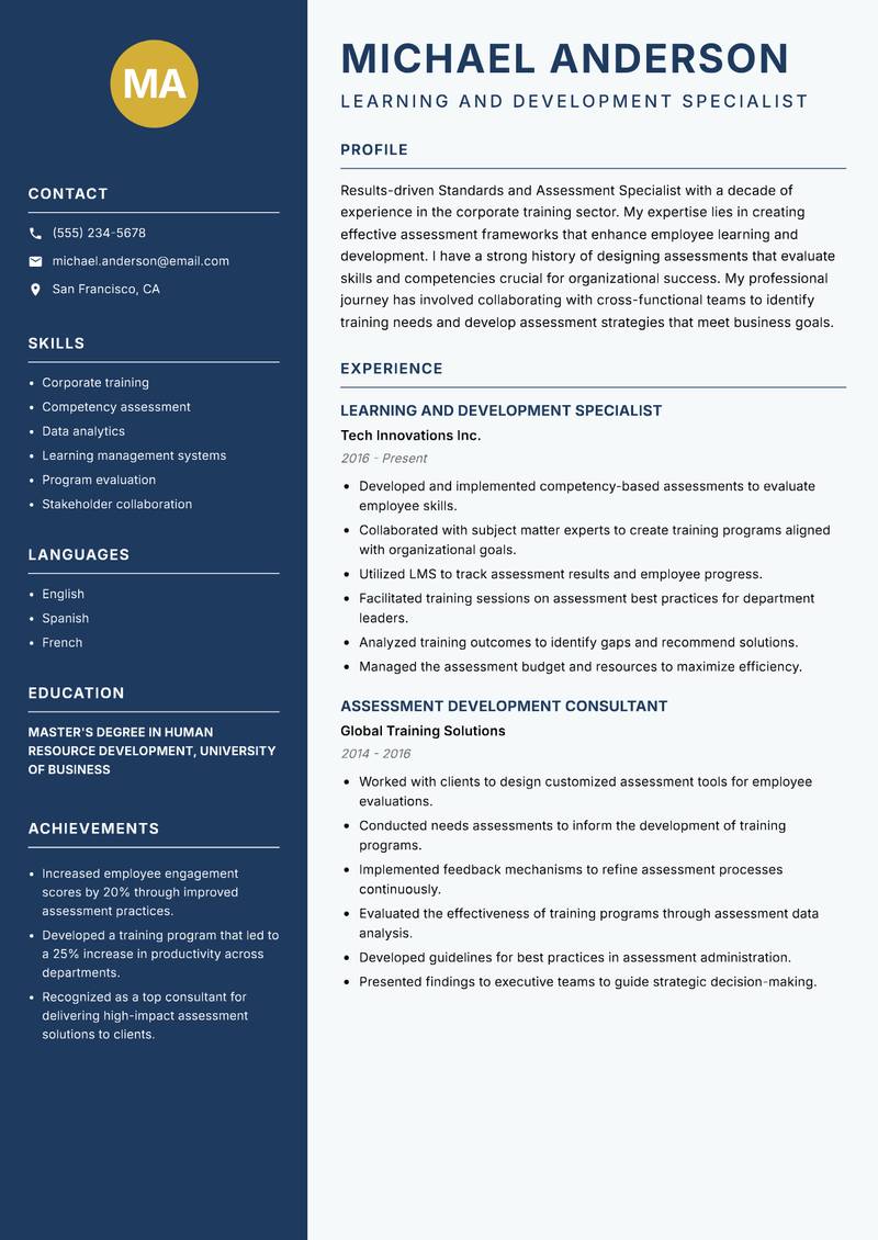 Standards and Assessment Specialist resume sample — Learning and Development Specialist focus