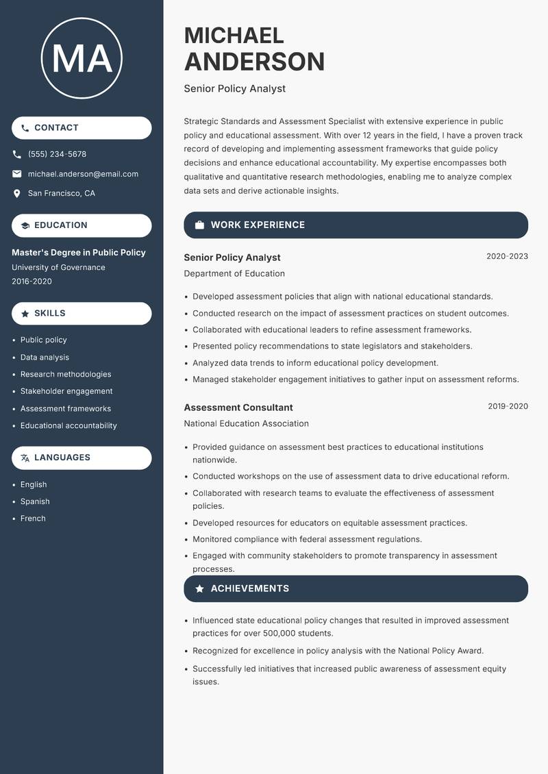 Standards and Assessment Specialist resume sample — Senior Policy Analyst focus