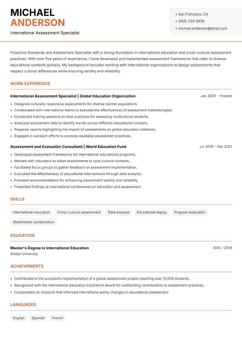 Standards and Assessment Specialist resume sample — International Assessment Specialist focus