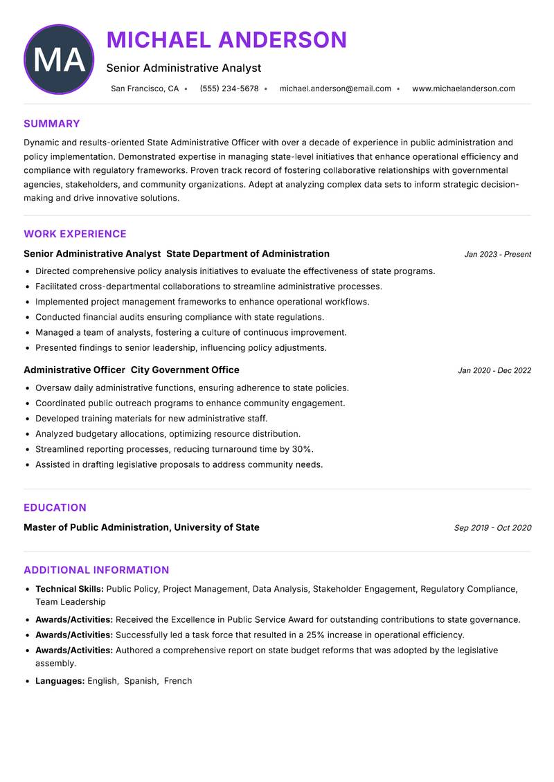 State Administrative Officer resume example