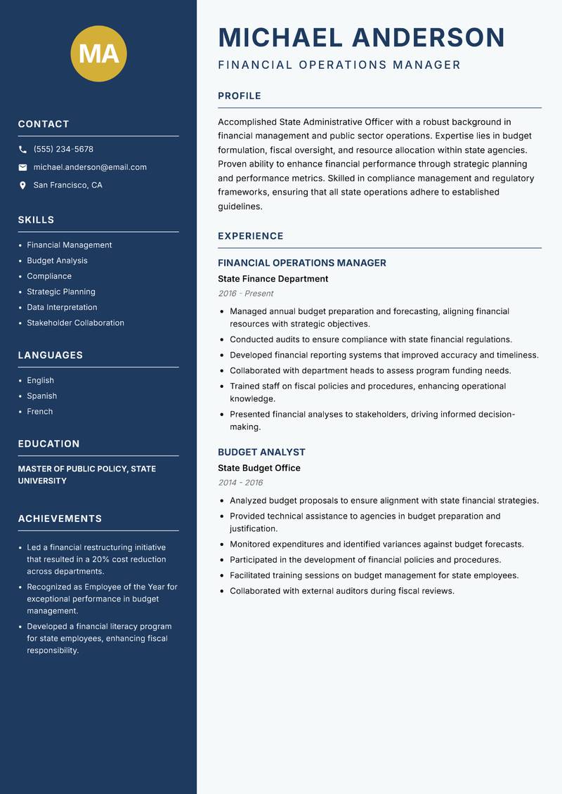 State Administrative Officer resume sample — Financial Operations Manager focus