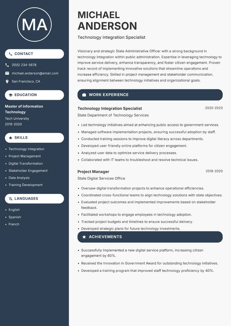 State Administrative Officer resume sample — Technology Integration Specialist focus