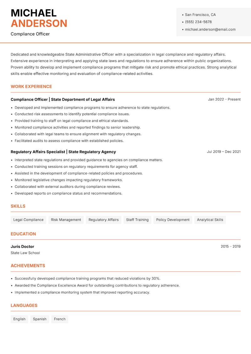 State Administrative Officer resume sample — Compliance Officer focus