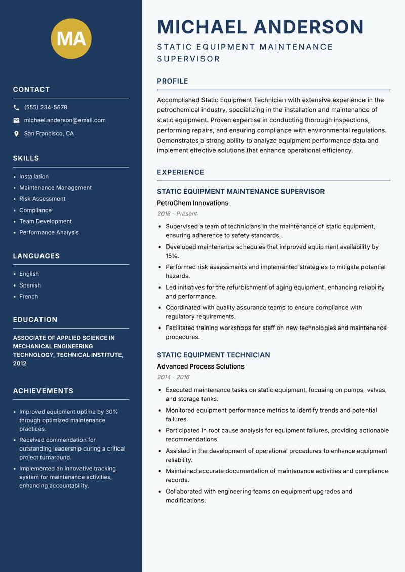 Static Equipment Technician resume sample — Static Equipment Maintenance Supervisor focus