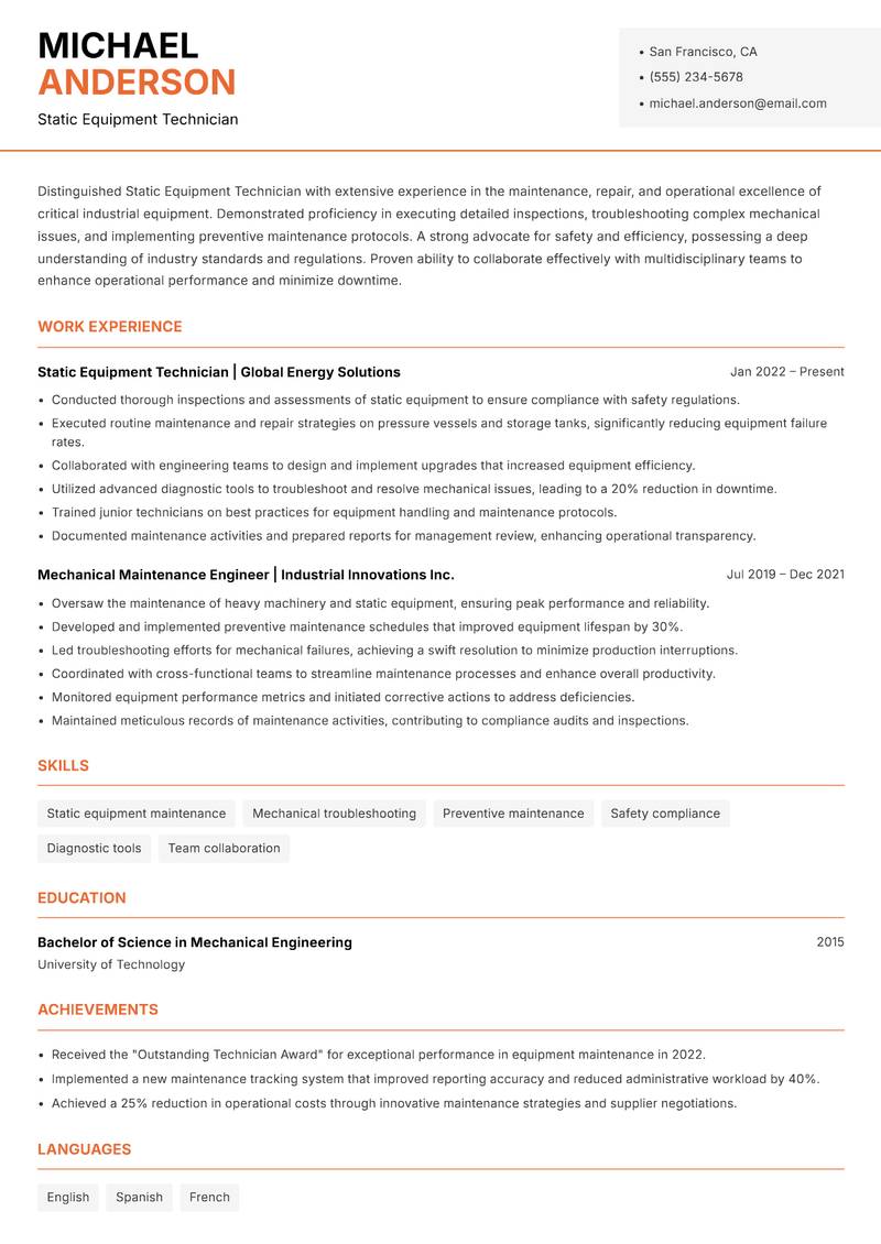 Static Equipment Technician resume sample — Static Equipment Technician focus