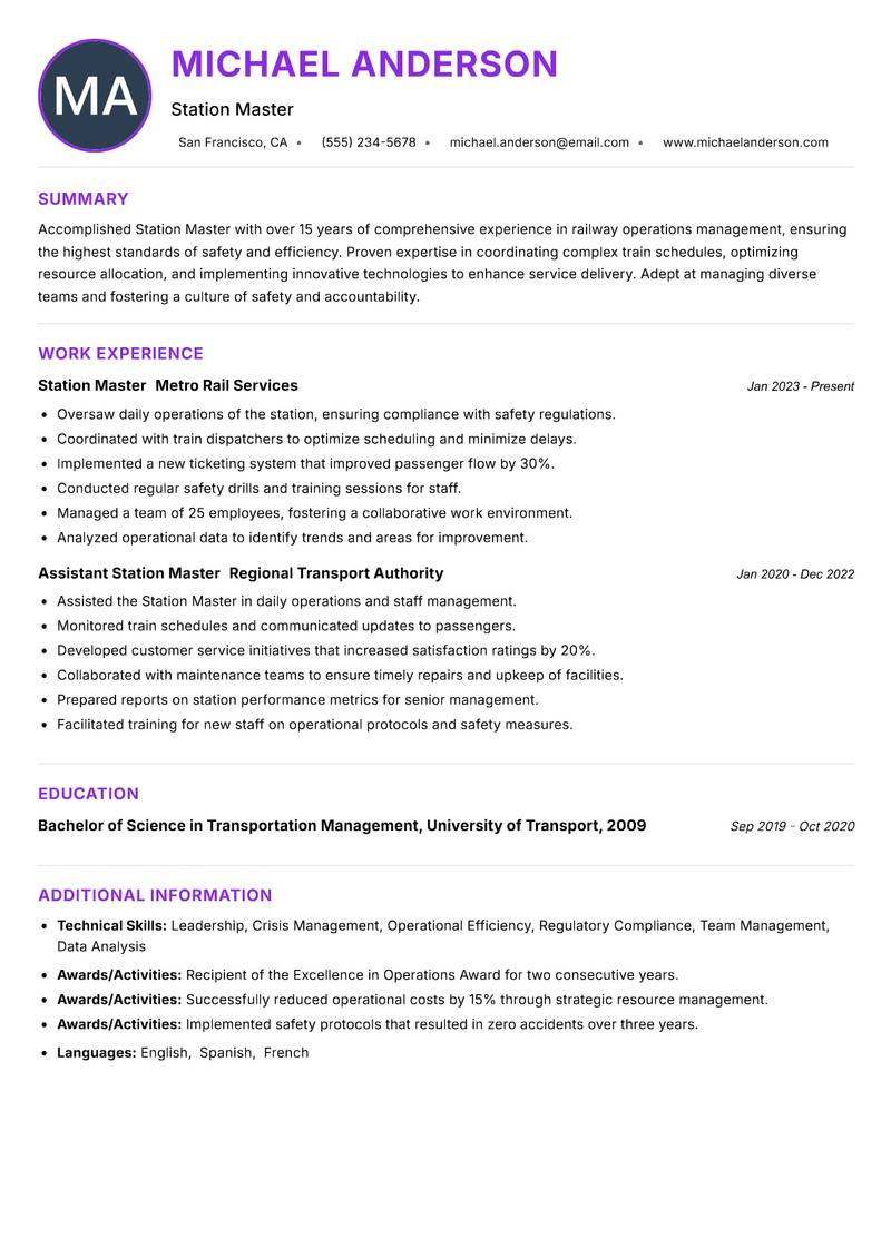 Station Master resume example