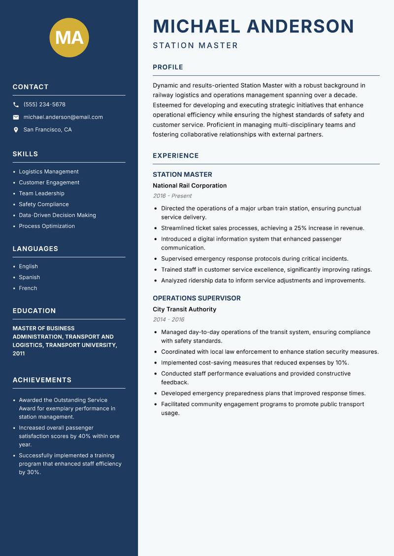 Station Master resume sample — Station Master focus