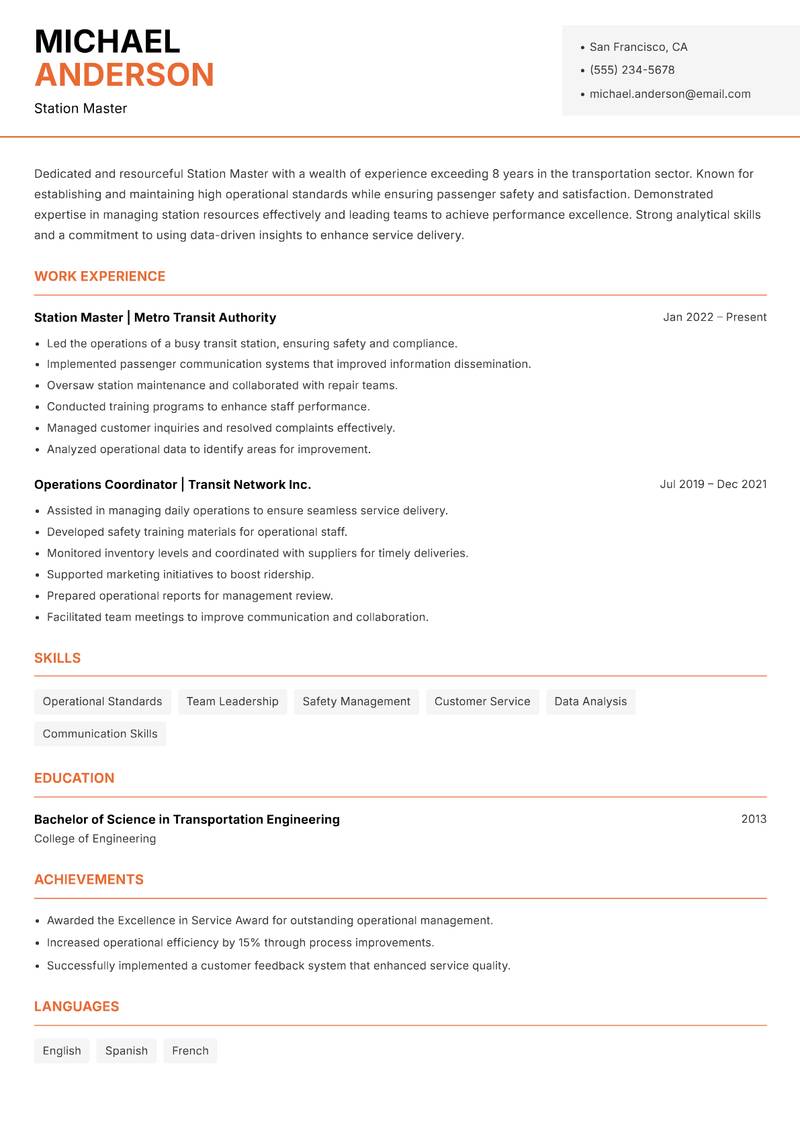 Station Master resume sample — Station Master focus