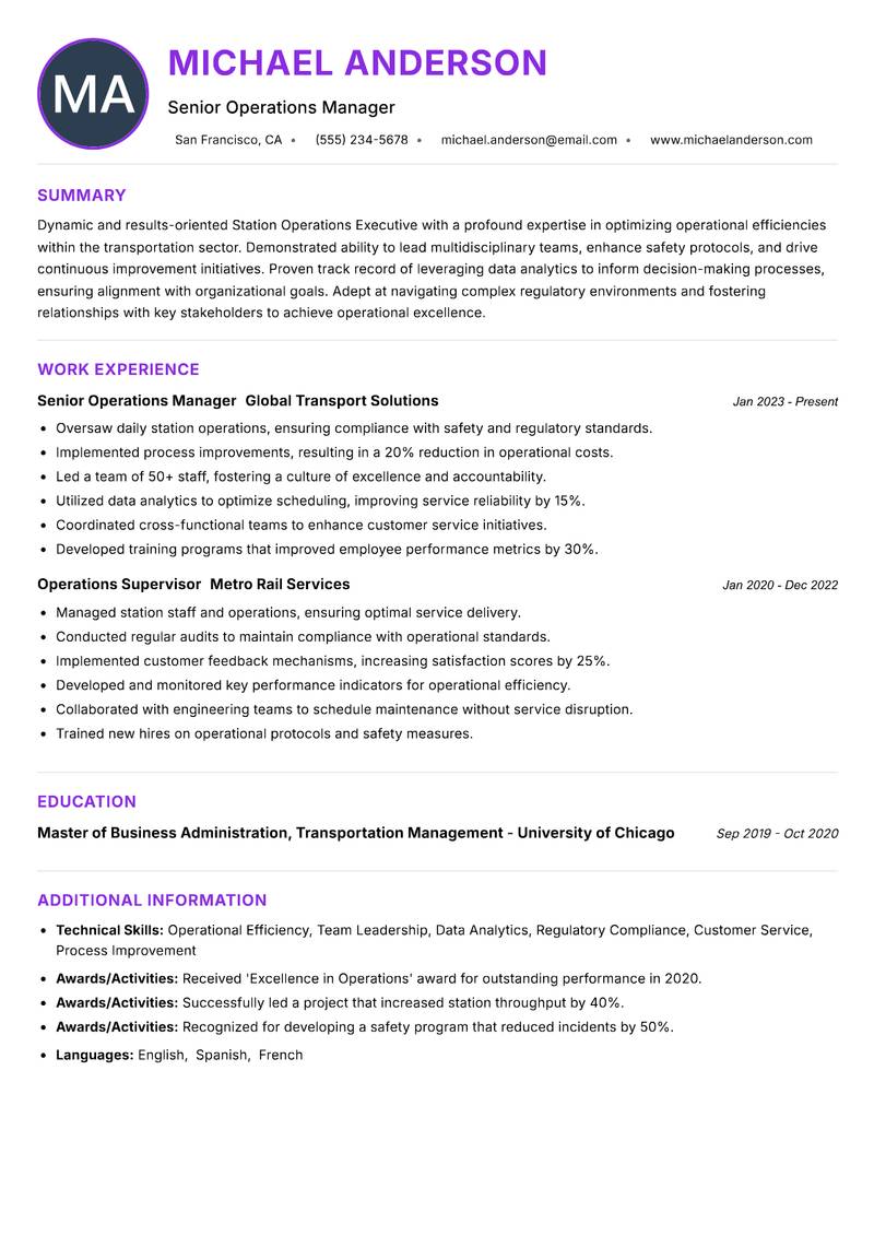 Station Operations Executive resume example