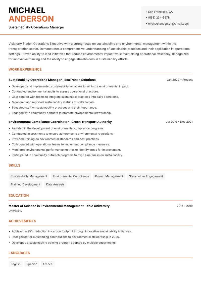 Station Operations Executive resume sample — Sustainability Operations Manager focus