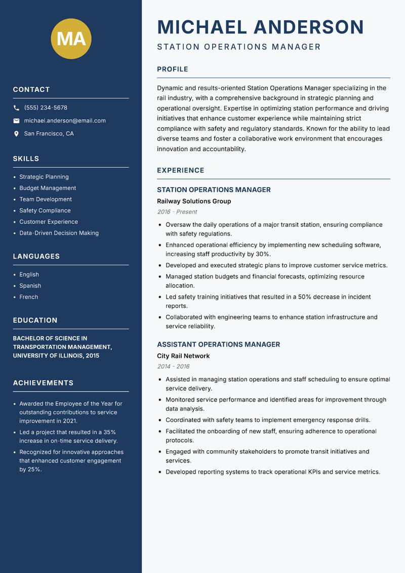 Station Operations Manager resume sample — Station Operations Manager focus