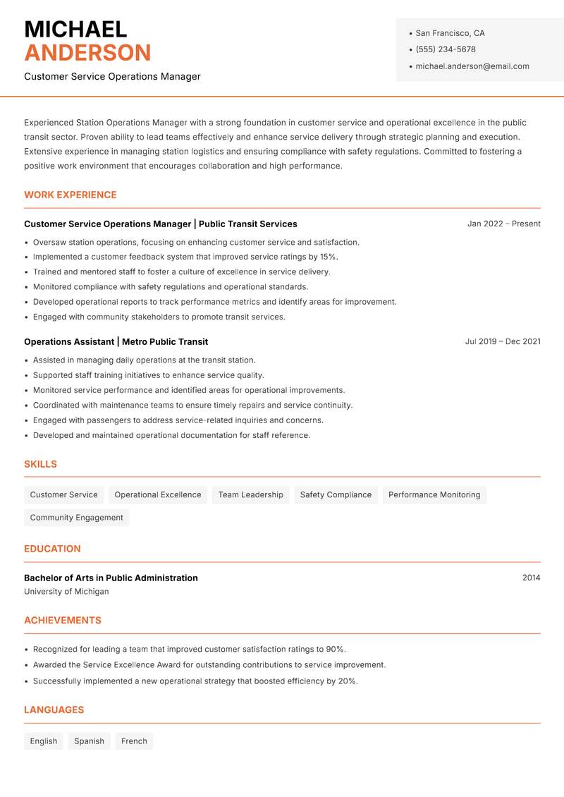 Station Operations Manager resume sample — Customer Service Operations Manager focus