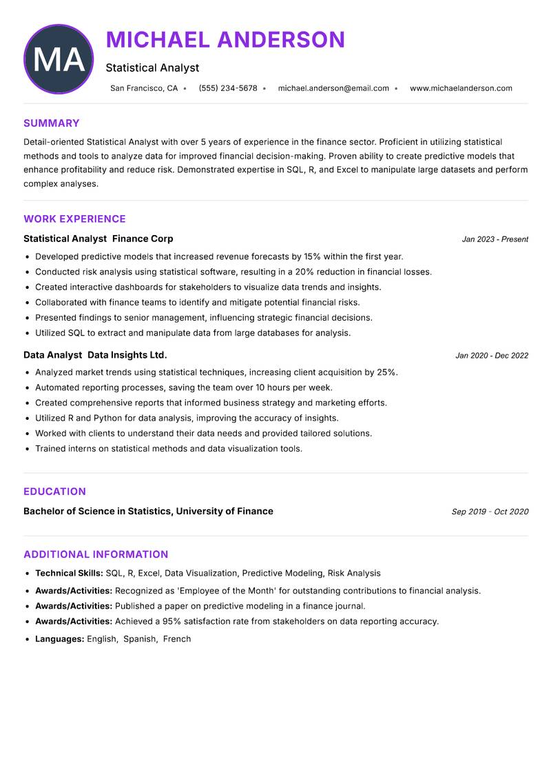 Statistical Analyst resume example