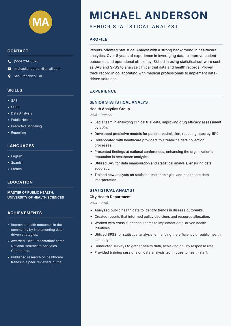 Statistical Analyst resume sample — Senior Statistical Analyst focus