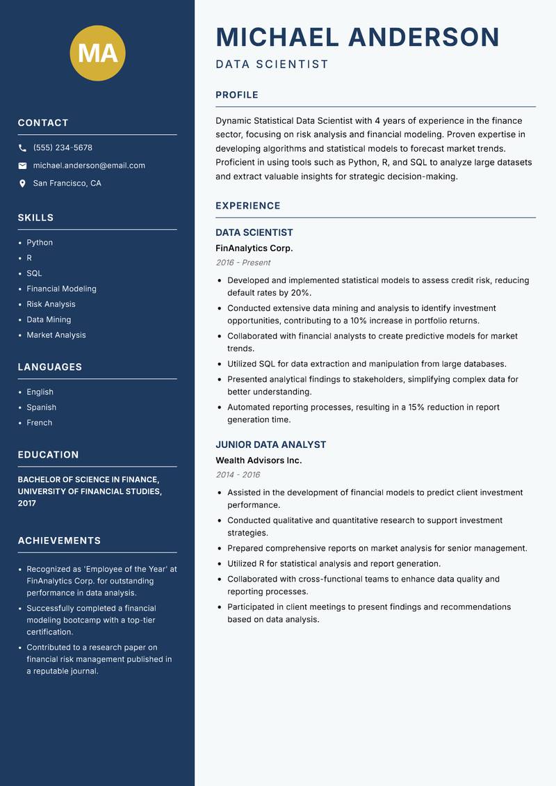 Statistical Data Scientist resume sample — Data Scientist focus