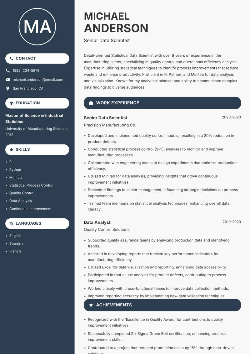 Statistical Data Scientist resume sample — Senior Data Scientist focus
