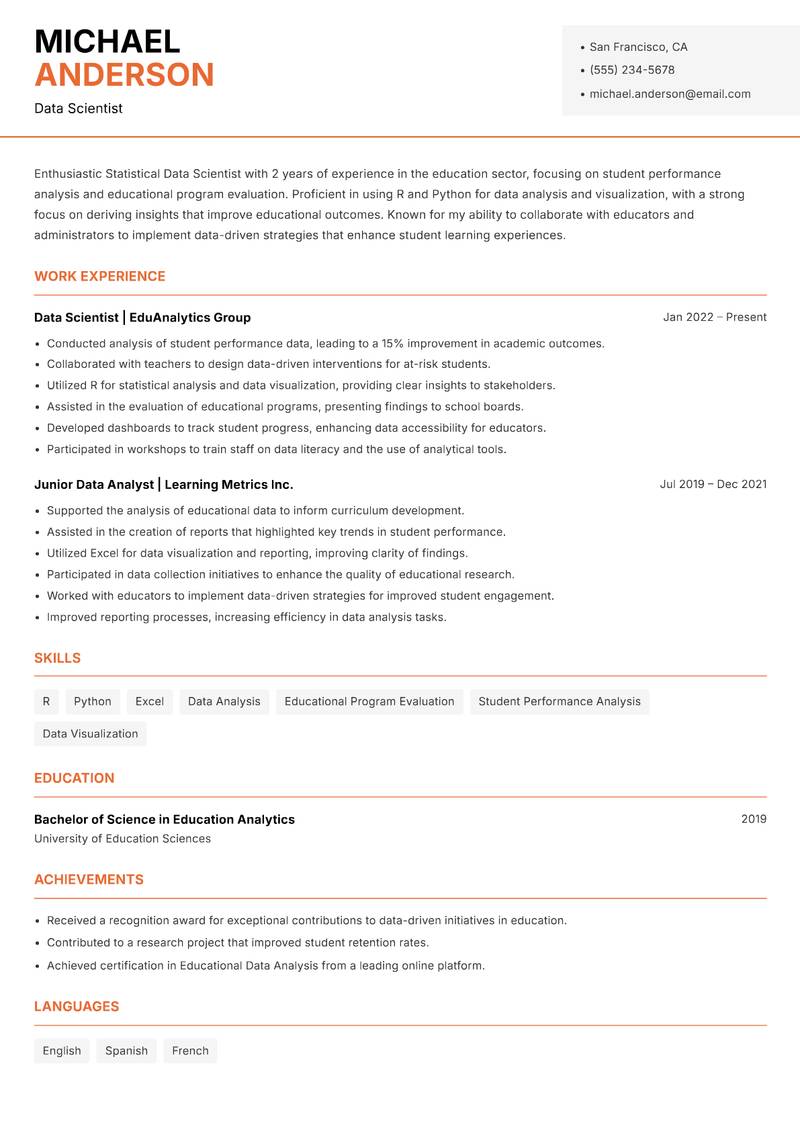 Statistical Data Scientist resume sample — Data Scientist focus