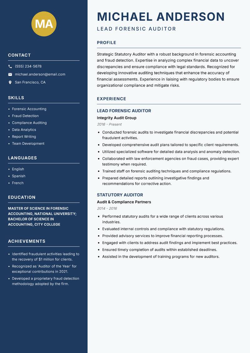 Statutory Auditor resume sample — Lead Forensic Auditor focus
