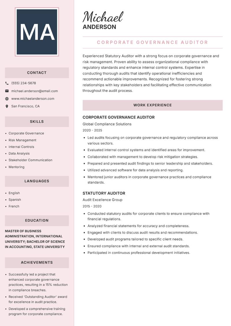 Statutory Auditor resume sample — Corporate Governance Auditor focus