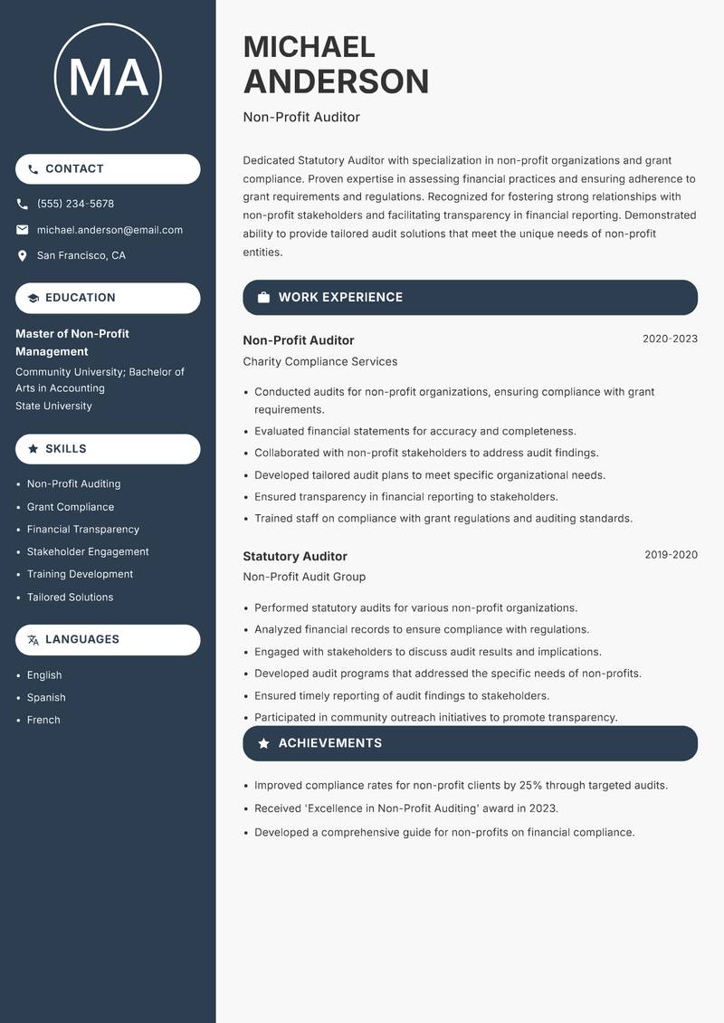 Statutory Auditor resume sample — Non-Profit Auditor focus