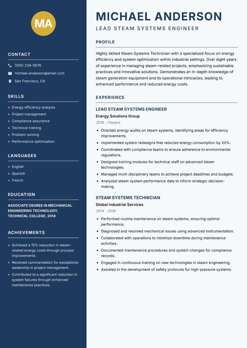 Steam Systems Technician resume sample — Lead Steam Systems Engineer focus